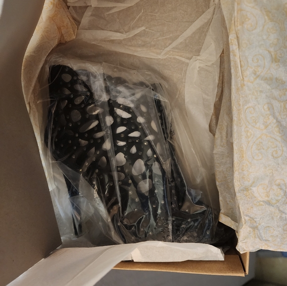 Macys Black High Heel Stappy Bootie with Zipper with Rhinestones - Picture 2 of 16